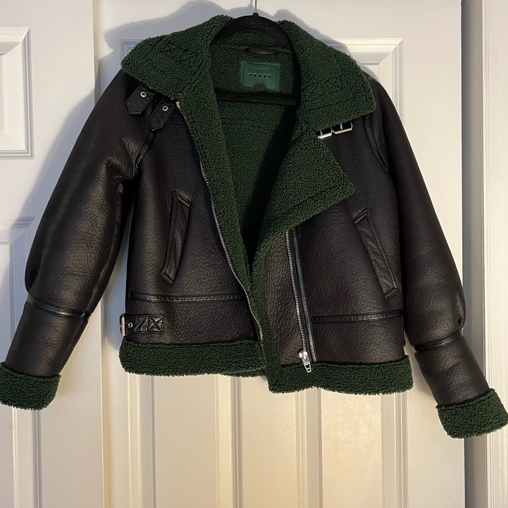 BlankNYC green shearling lined moto jacket